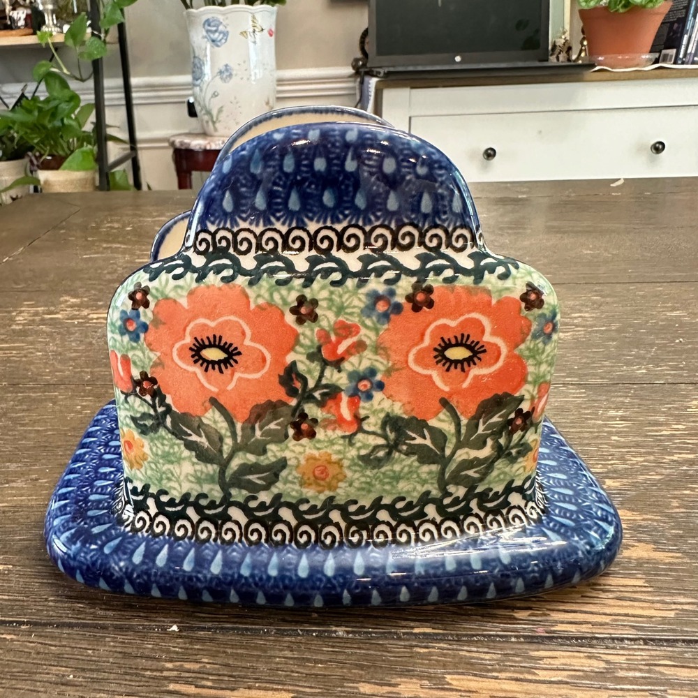 Polish Pottery UNIKAT Napkin Holder Floral Multicolored Handmade NEW